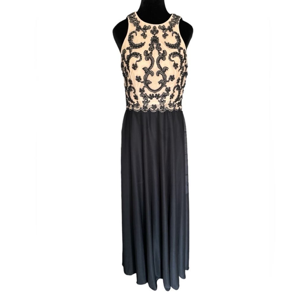 Jackie Jon NY Formal Beaded Dress Black Nude Chiffon A Line Sleeveless Size 8